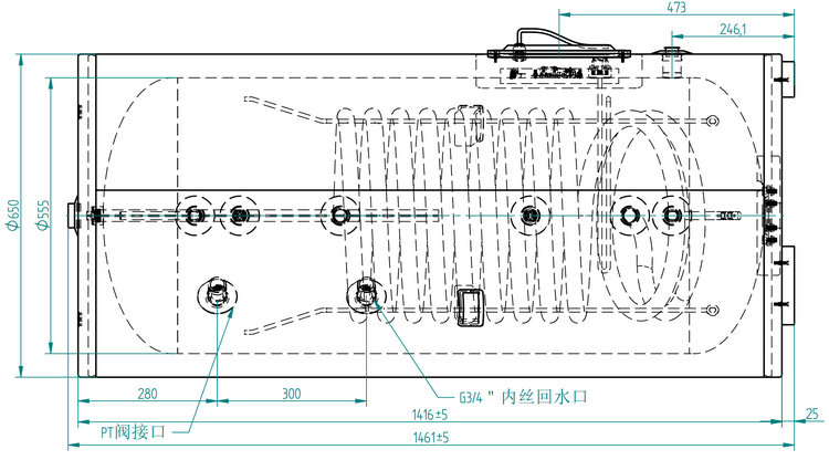 300L分体式搪瓷单盘管水箱外形尺寸图