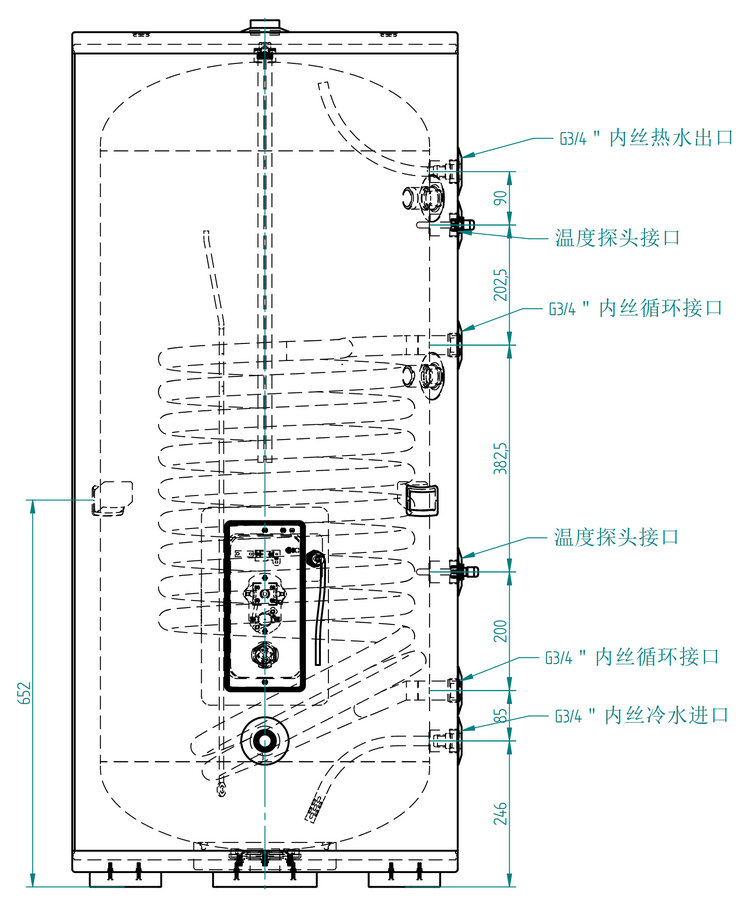 300L分体式搪瓷单盘管水箱外形尺寸图