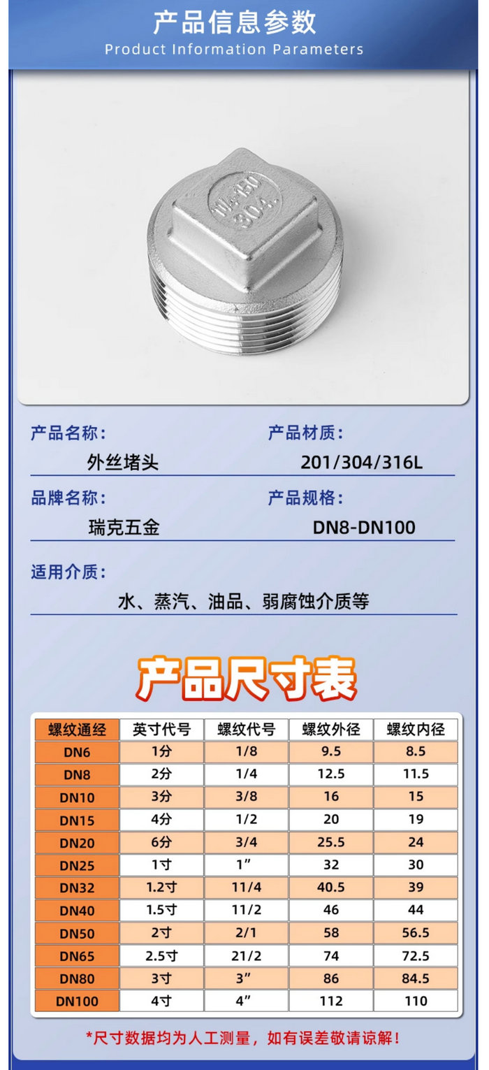 不锈钢外丝堵头：201/304/316